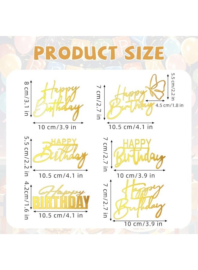 6 pcs Styles Gold Happy Birthday Cake Toppers, Mirror Acrylic Happy Birthday Sign for Cake Side Decoration, Glitter Gold Acrylic Happy Birthday Cake Topper Set for Cake Party Decorating Supplies - Image 2
